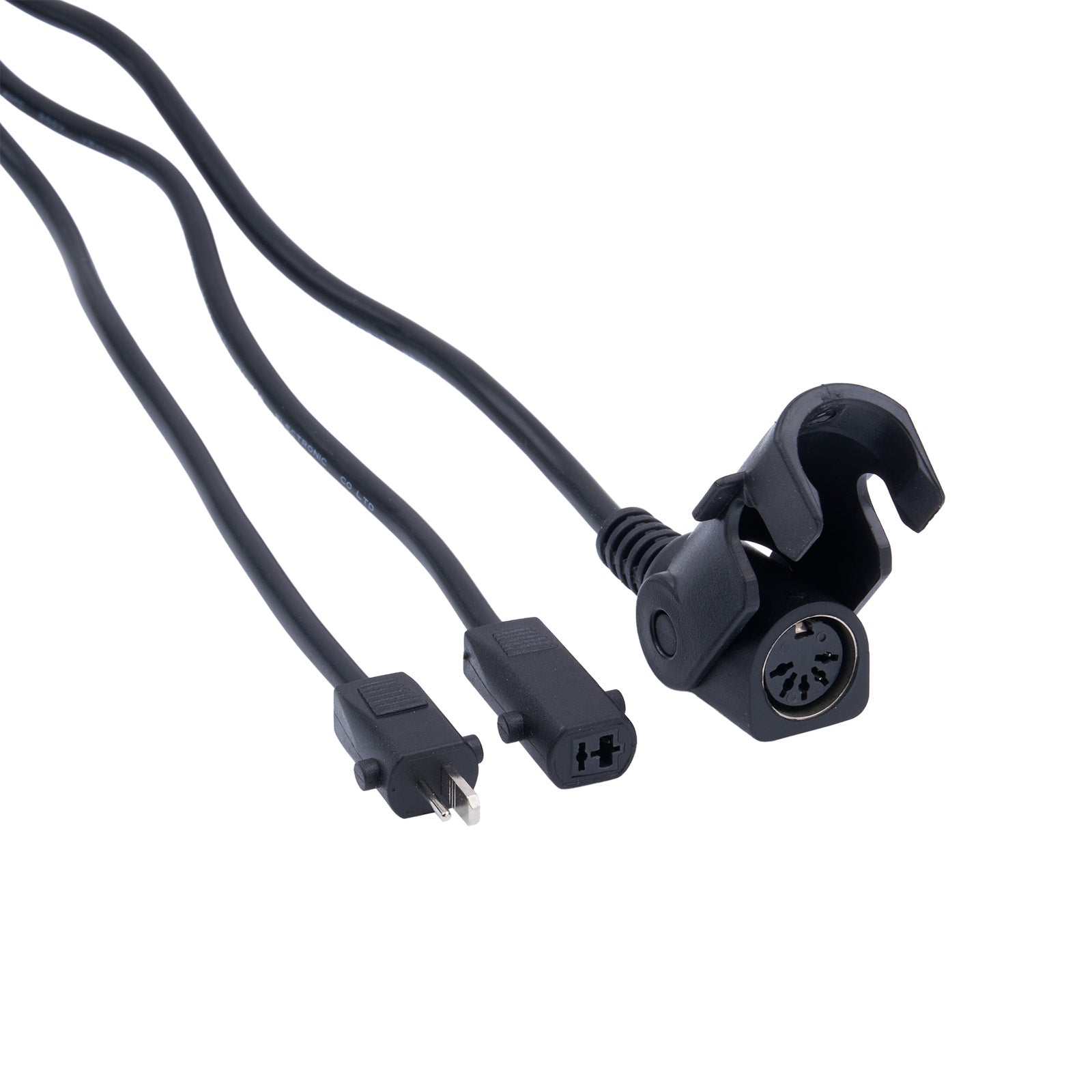 Black audio cable with plug and clip on a white background