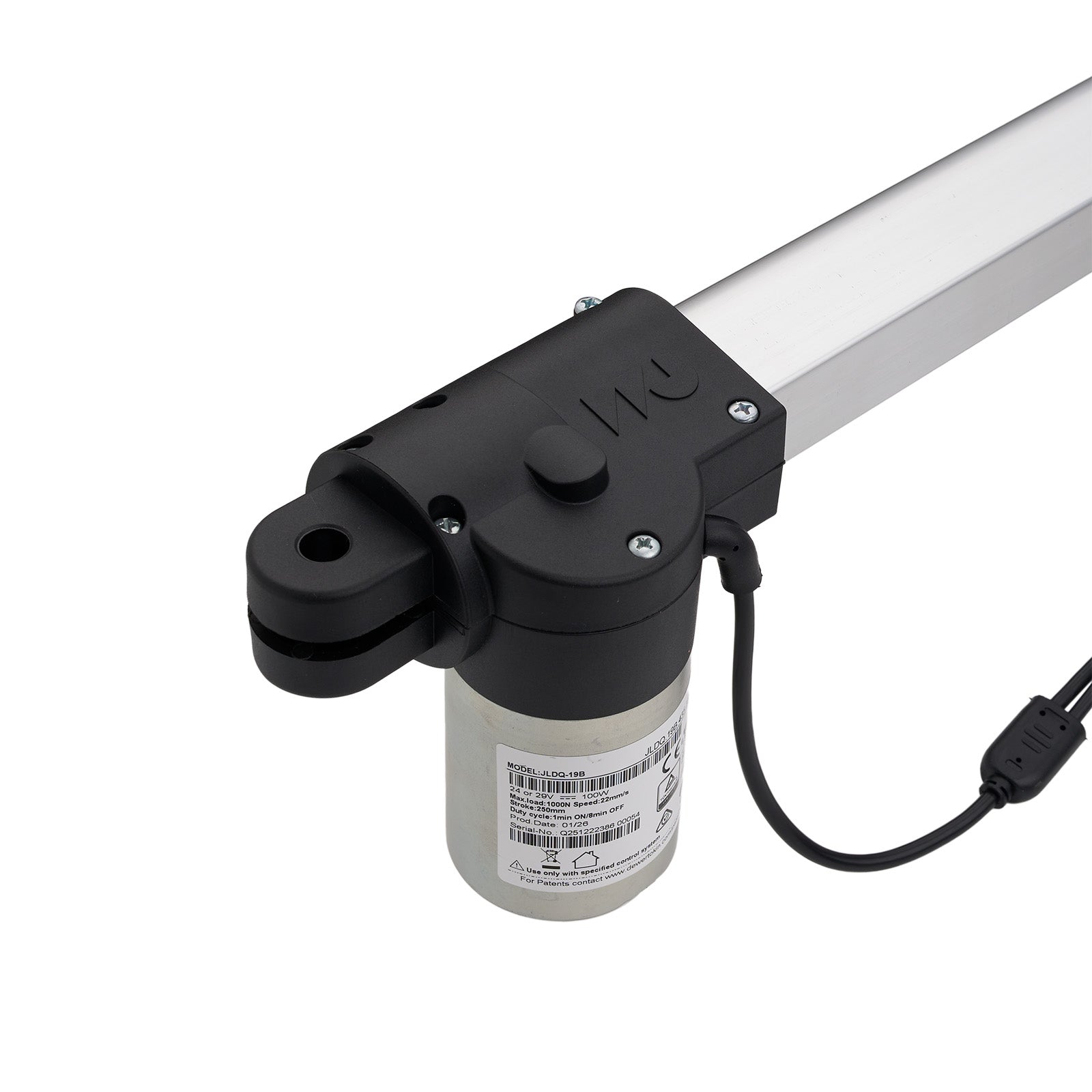 Linear actuator with black housing and white rod on a white background