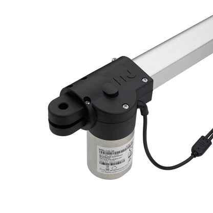 Linear actuator with black housing and white rod on a white background