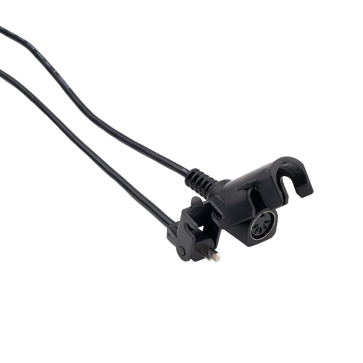 Black electronic component with a cable on a white background