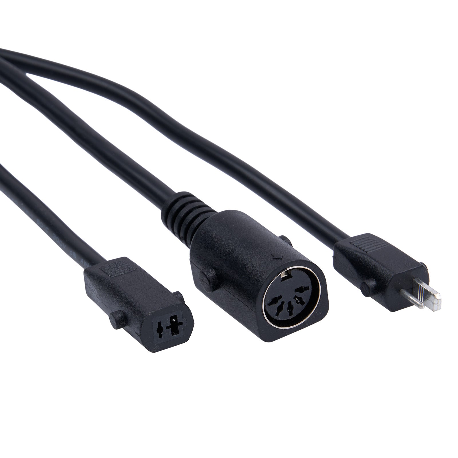 Black electrical cable with various connectors on a white background