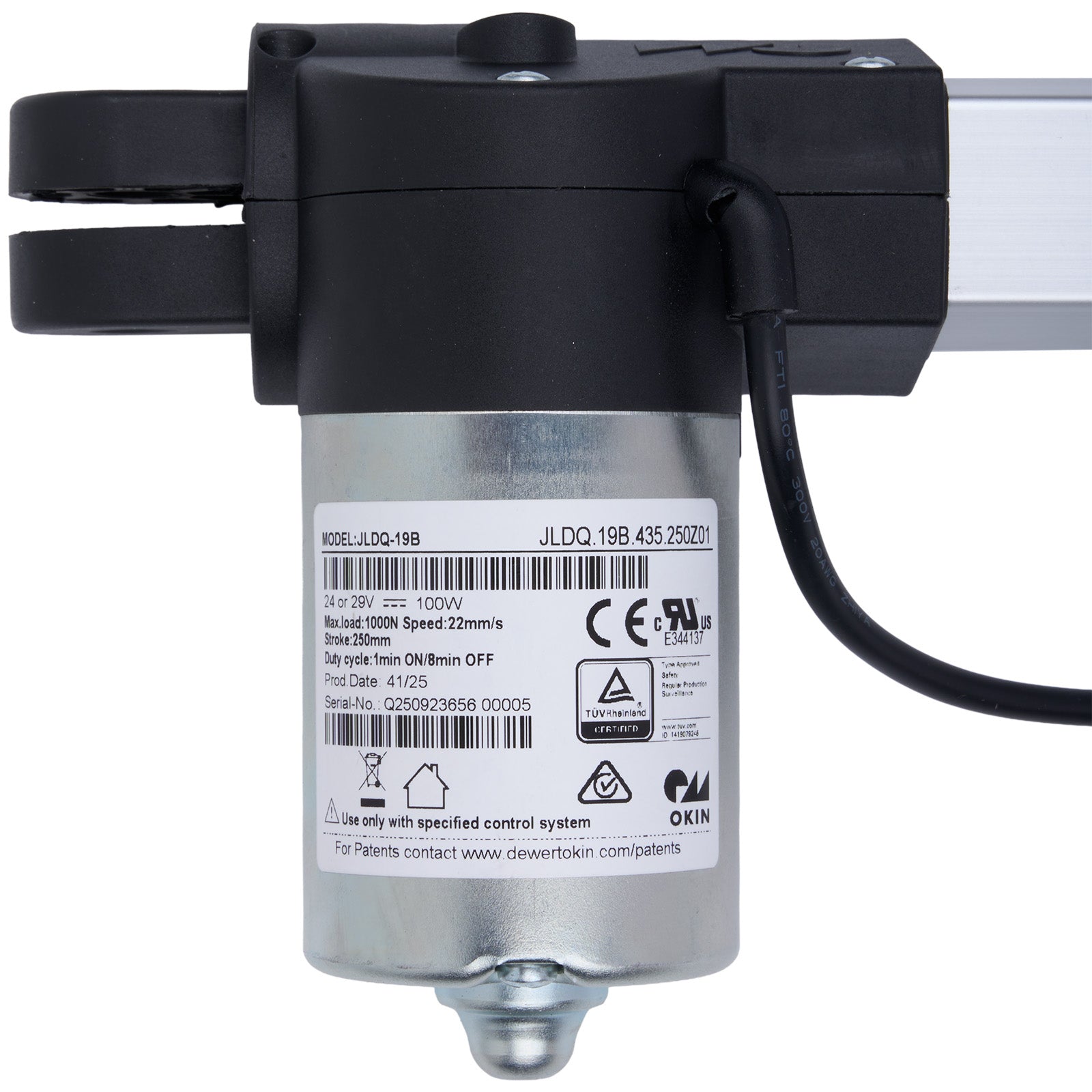 Mechanical component with visible branding and certification labels on a white background