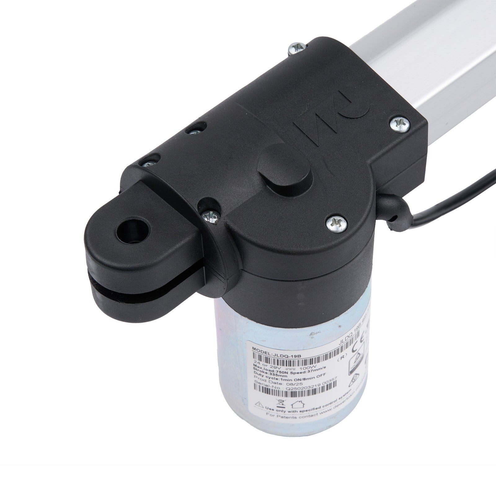 Black mechanical component with a cylindrical part on a white background