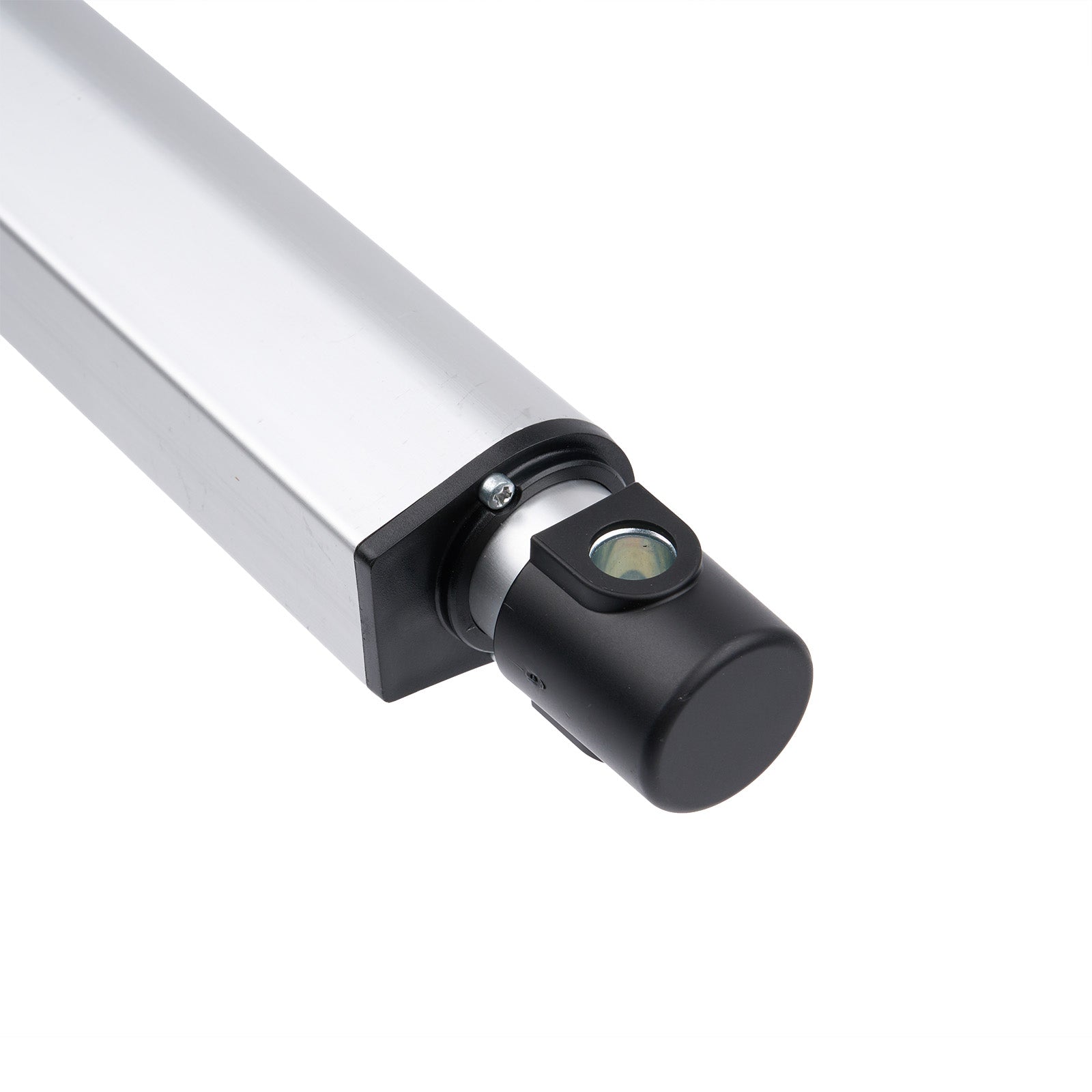 Close-up of a cylindrical object with a metallic finish and black component on a white background