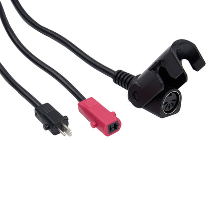 Electrical cable with plug, socket, and sensor on a white background