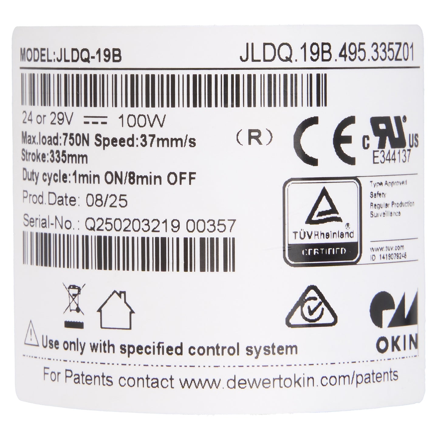 Technical label with specifications and branding on a white background