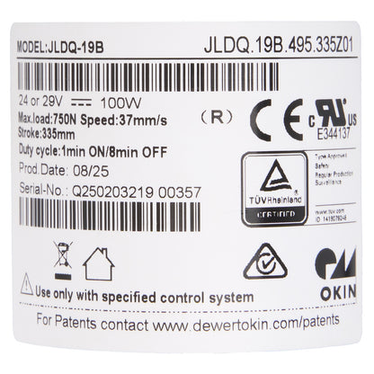 Technical label with specifications and branding on a white background