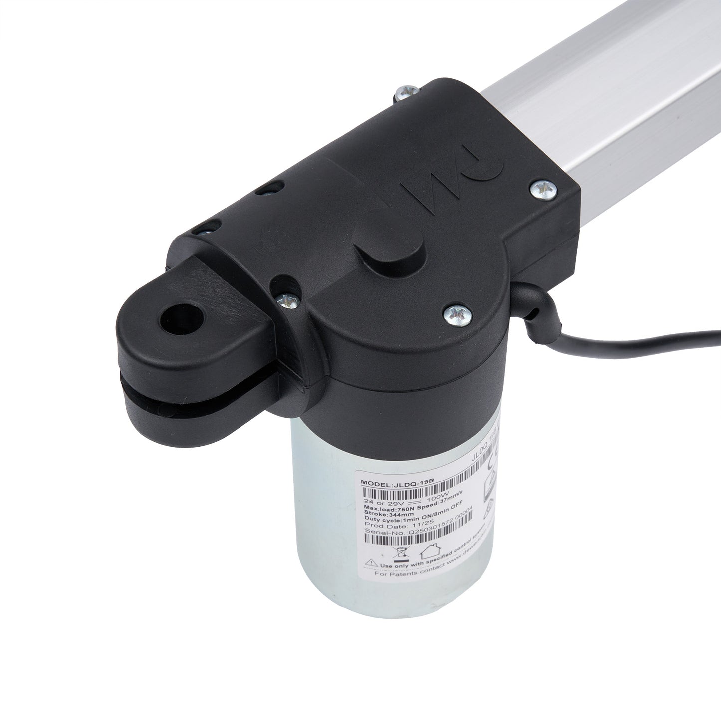 Black actuator with a white rod on a white background