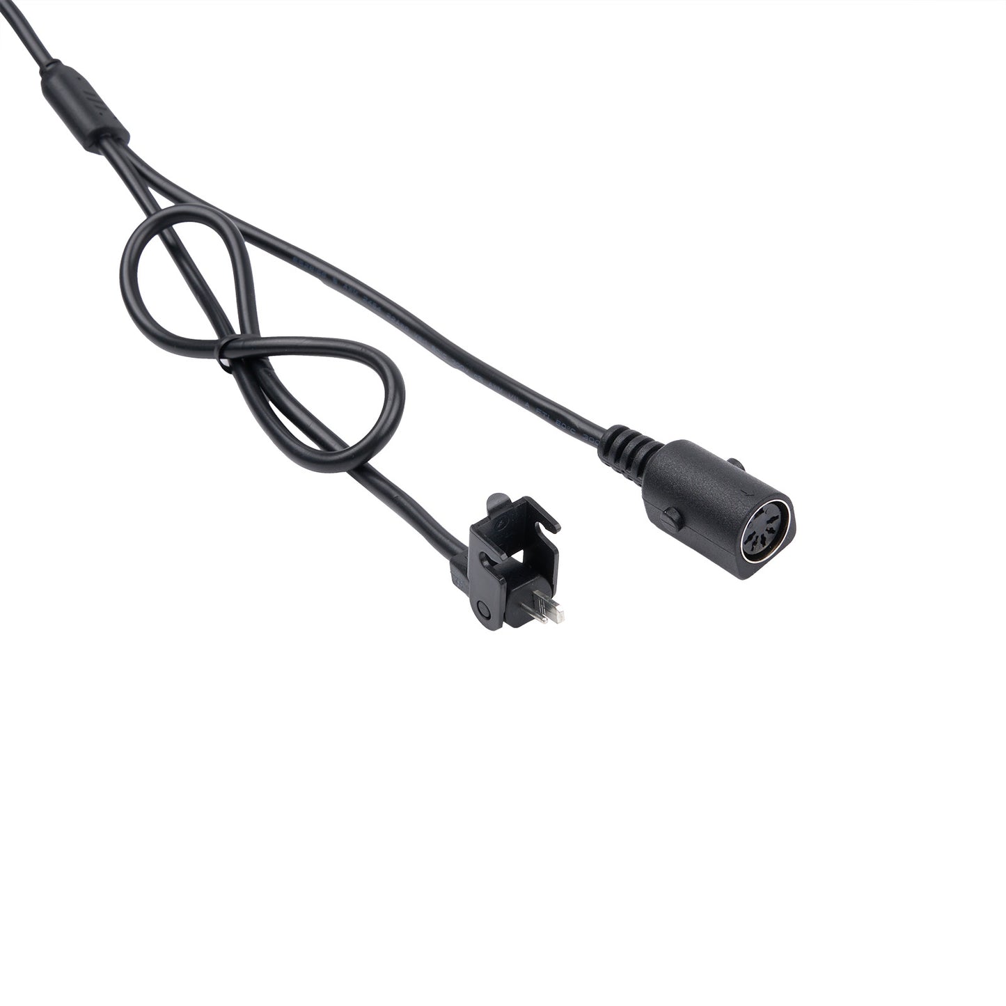 Black cable with connectors on a white background