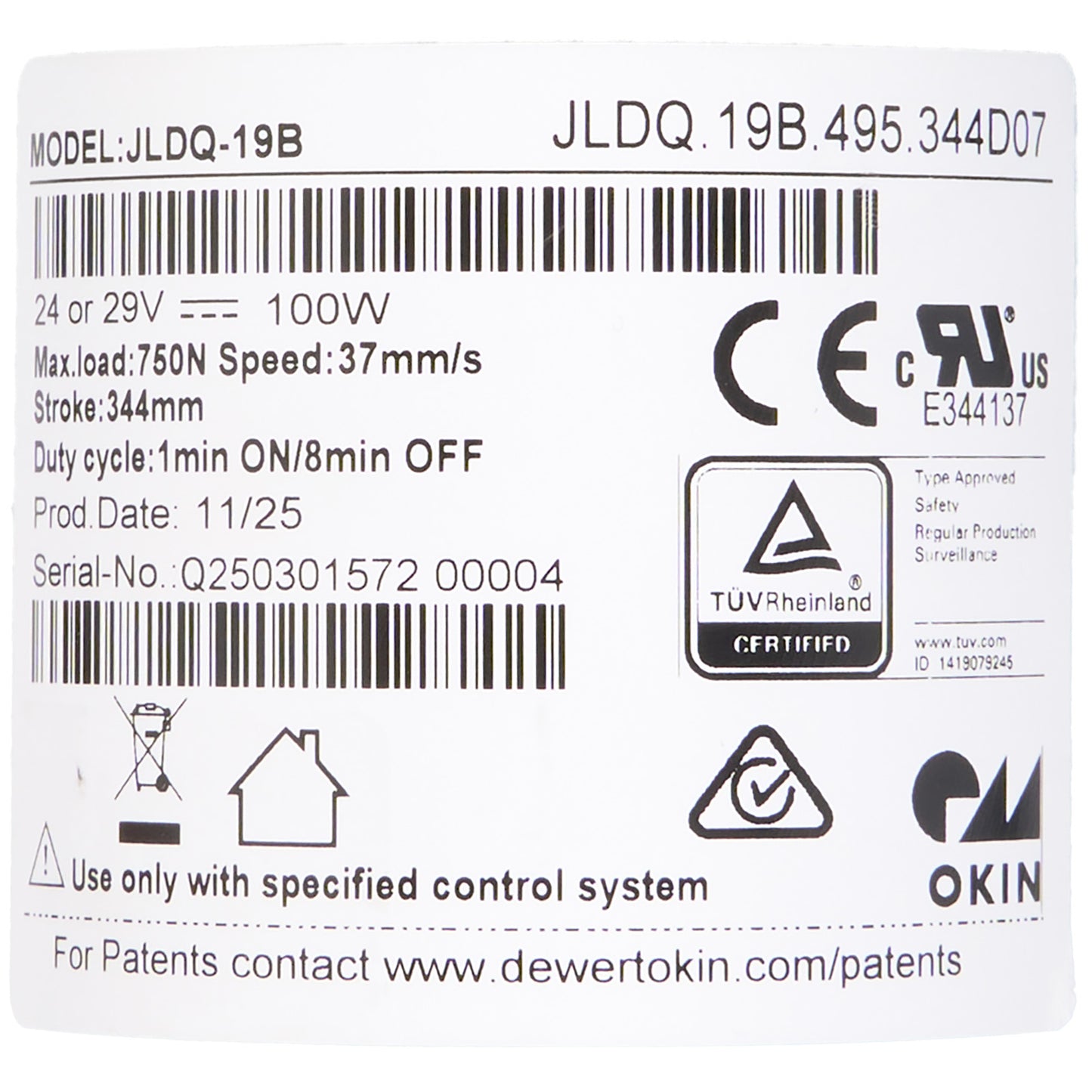 Product label with technical specifications and certification logos on a white background