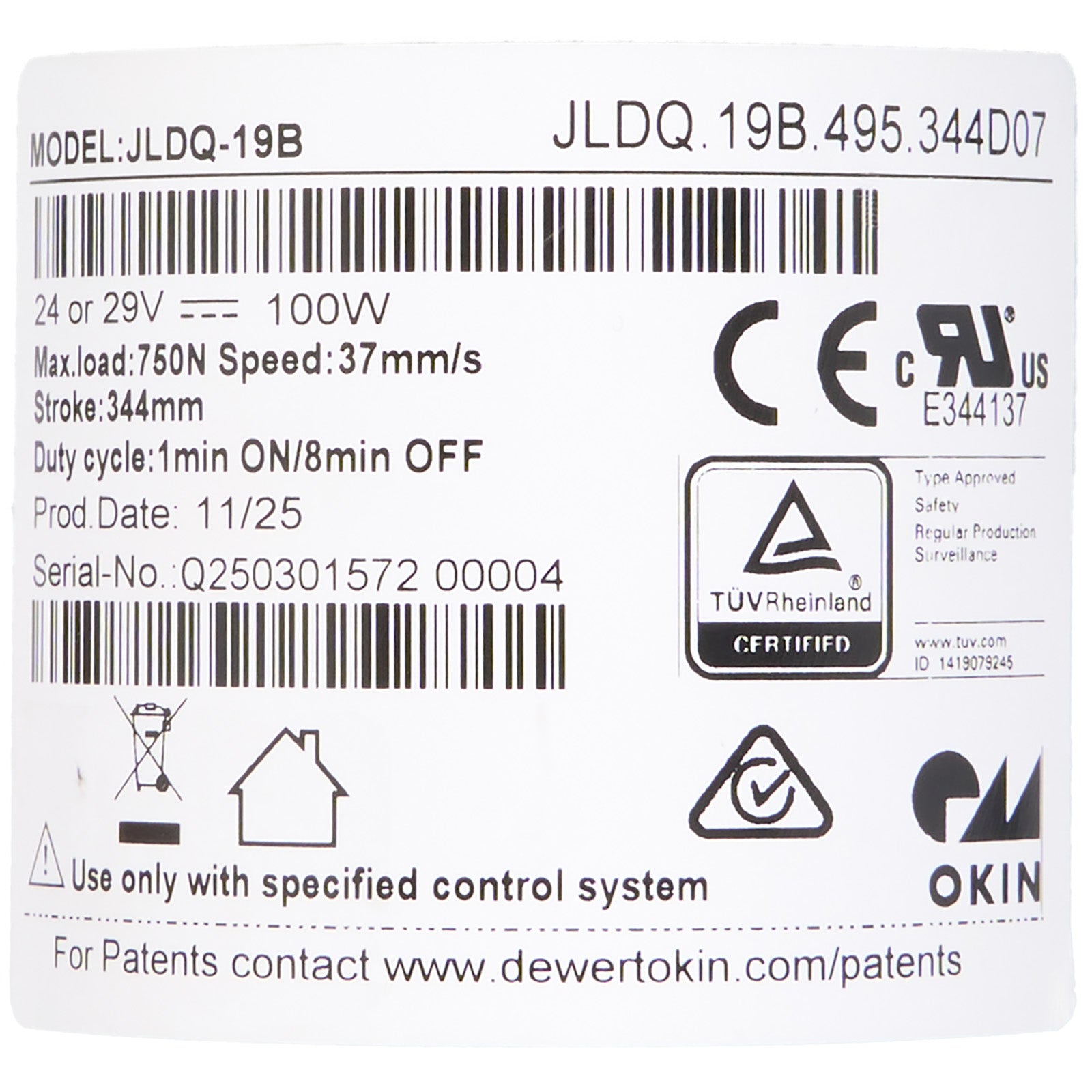 Product label with technical specifications and certification logos on a white background