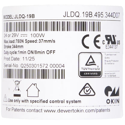 Product label with technical specifications and certification logos on a white background