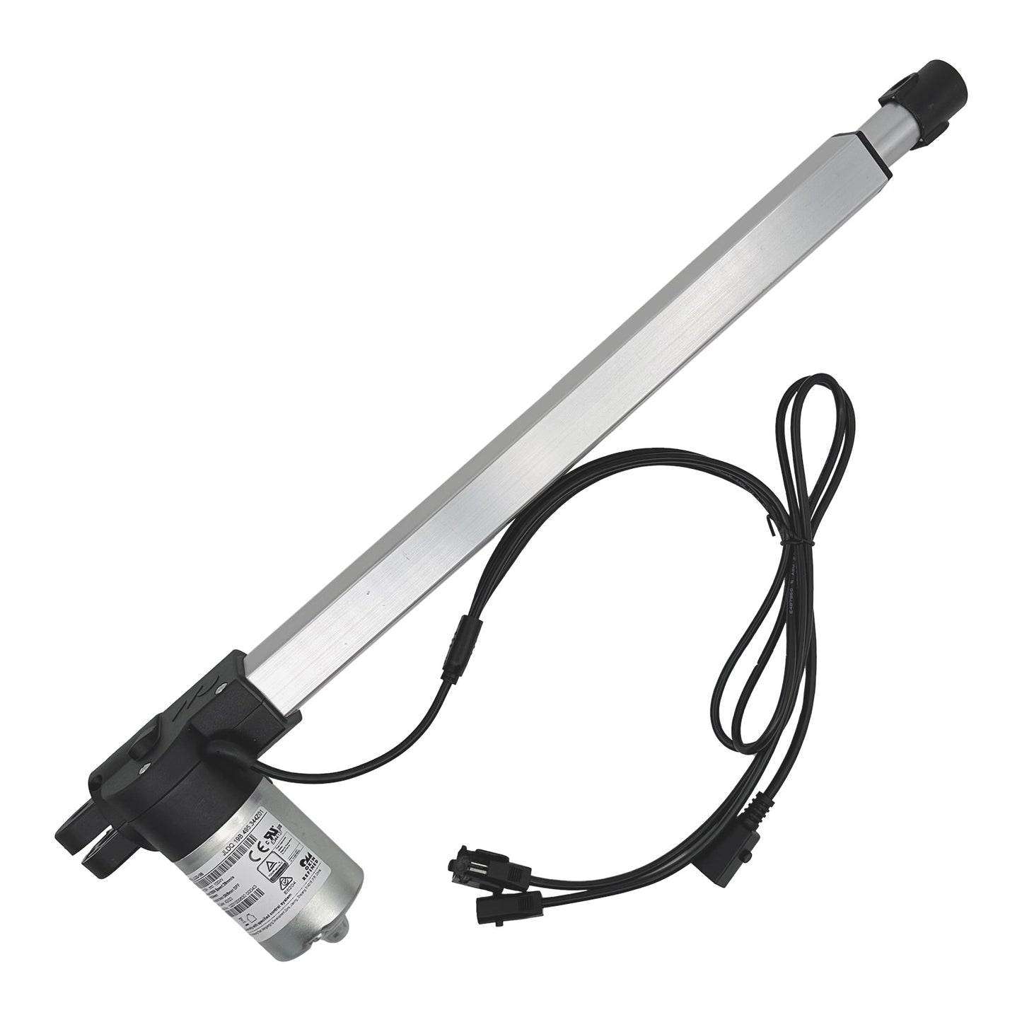 OKIN JLDQ.19B.495.344Z01 linear actuator, with a silver body, black motor housing, and attached cables.