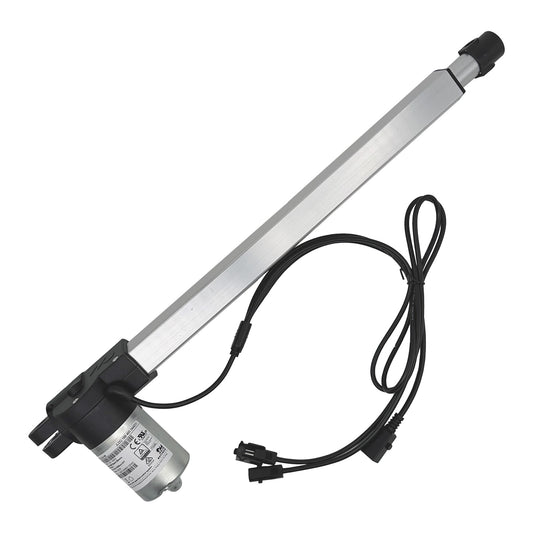 OKIN JLDQ.19B.495.344Z01 linear actuator, with a silver body, black motor housing, and attached cables.