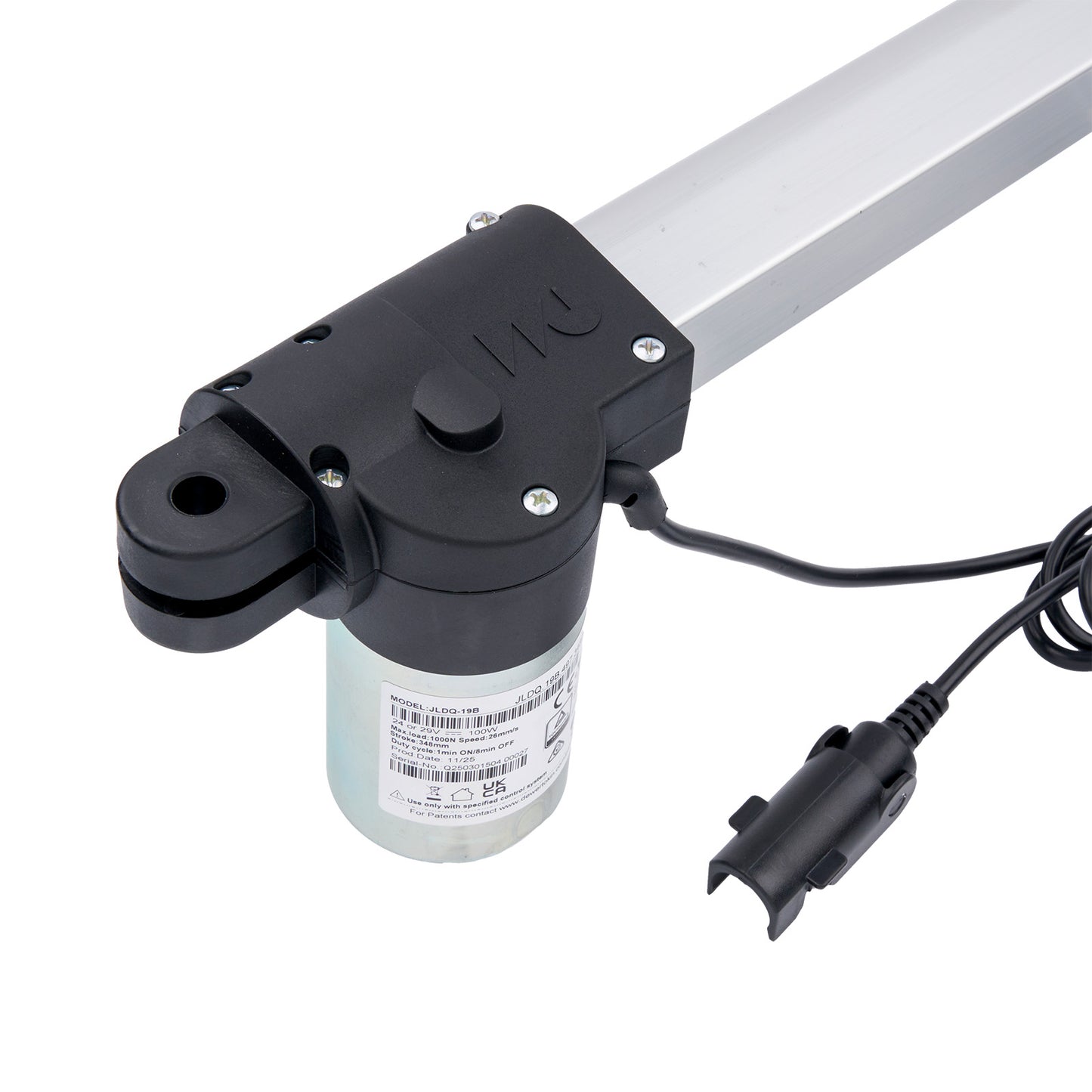 Electric actuator with cable and power connector on a white background