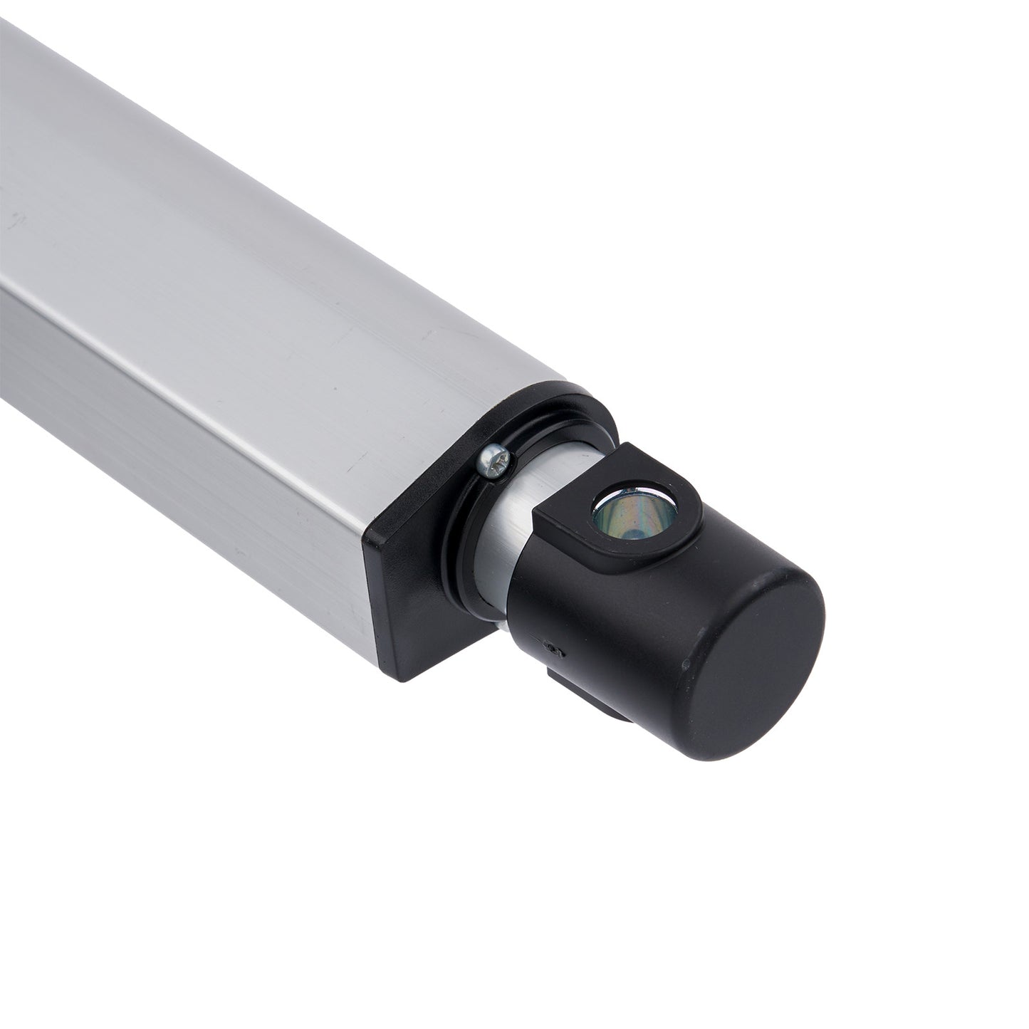 Close-up of a cylindrical electronic device with a camera module on a white background