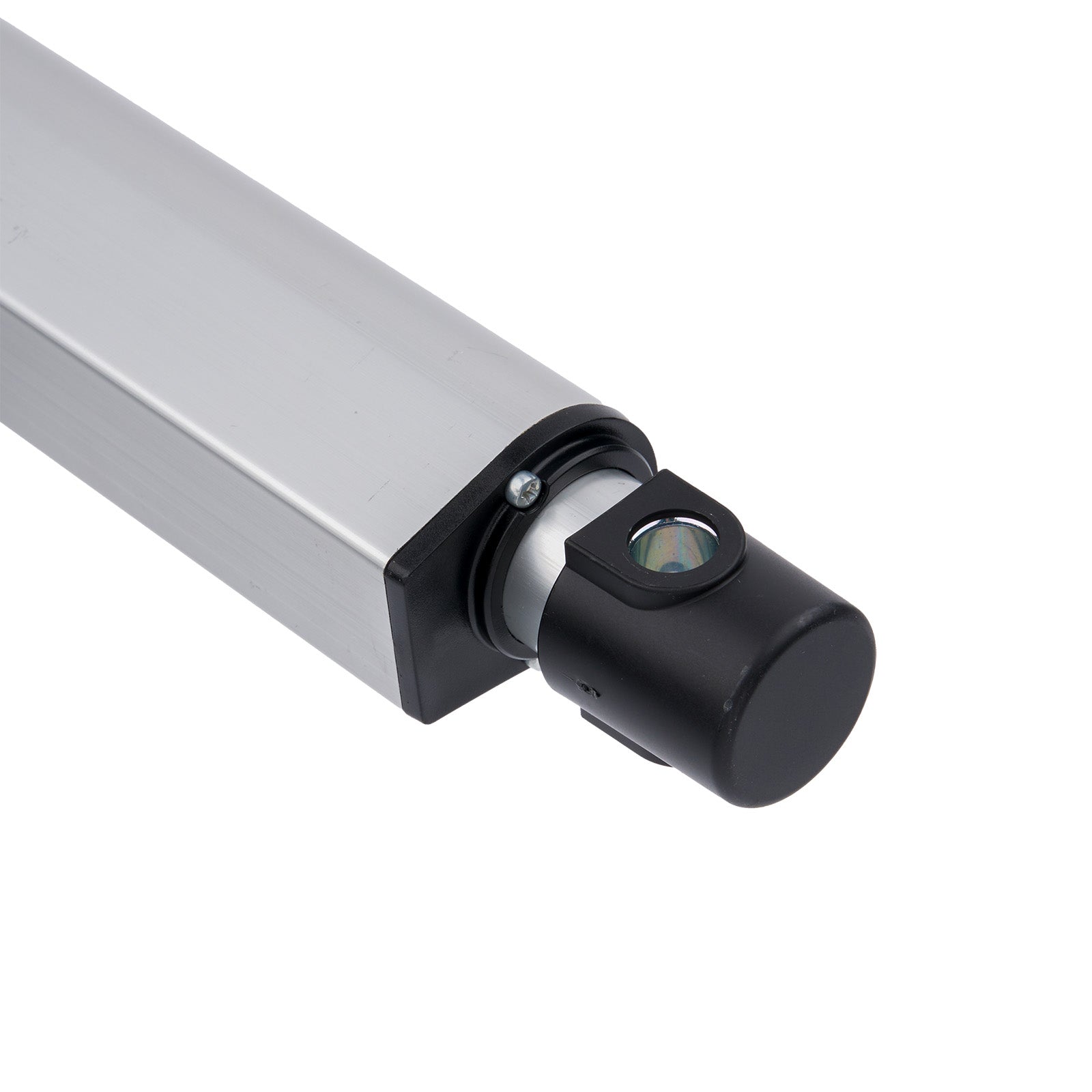 Close-up of a cylindrical electronic device with a camera module on a white background