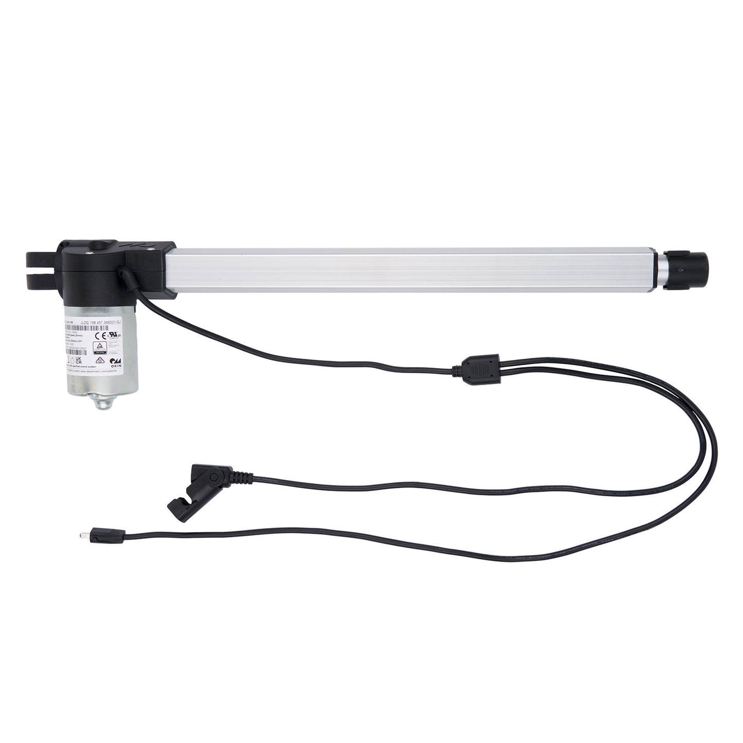 Electrical component with a cylindrical part and black wires on a white background