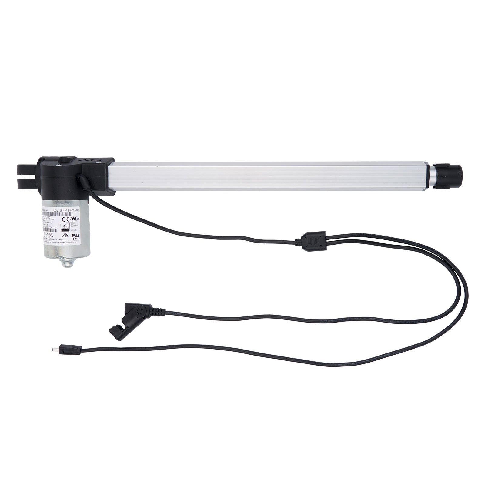 Electrical component with a cylindrical part and black wires on a white background