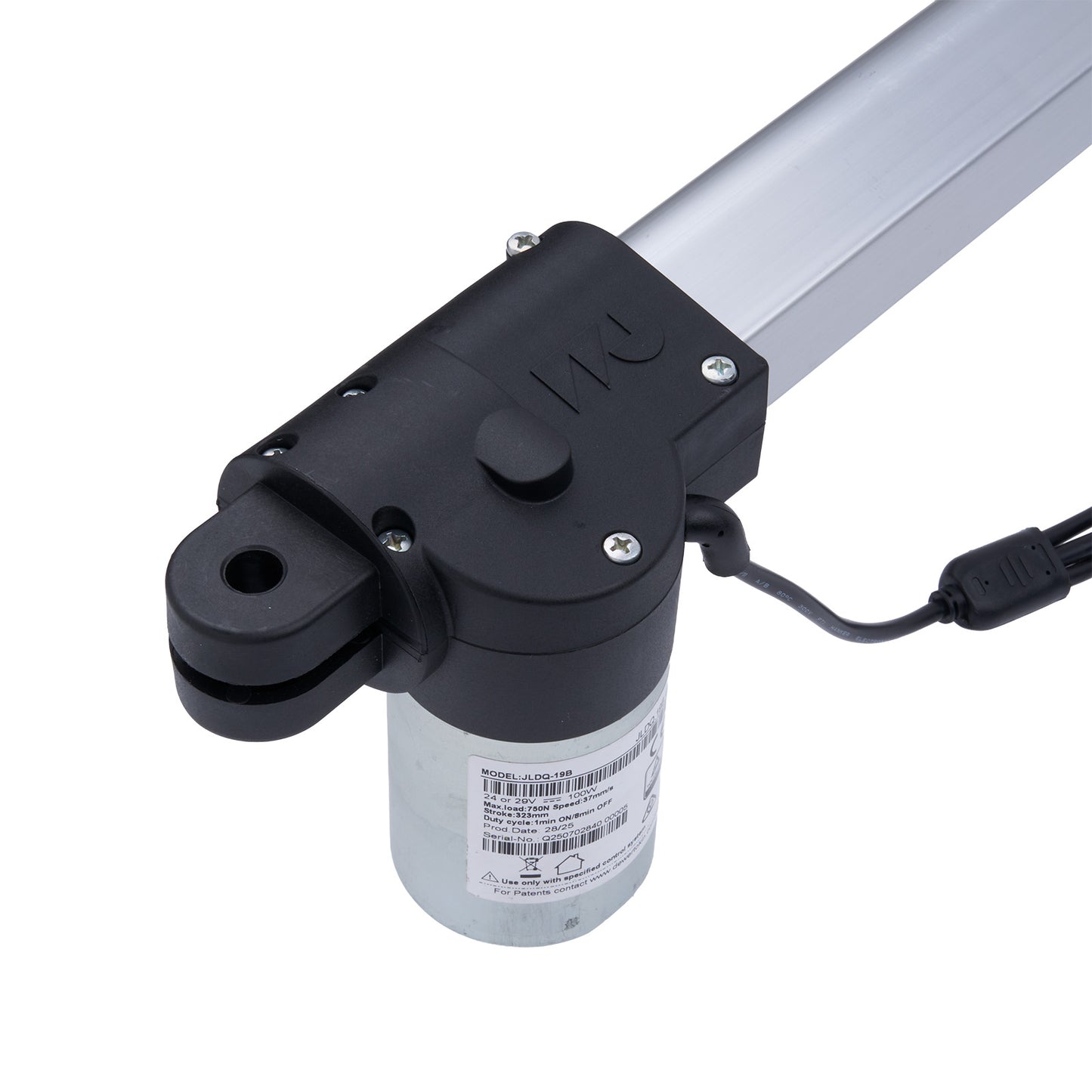 Mechanical actuator with black housing and visible branding on a white background