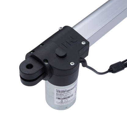 Mechanical actuator with black housing and visible branding on a white background