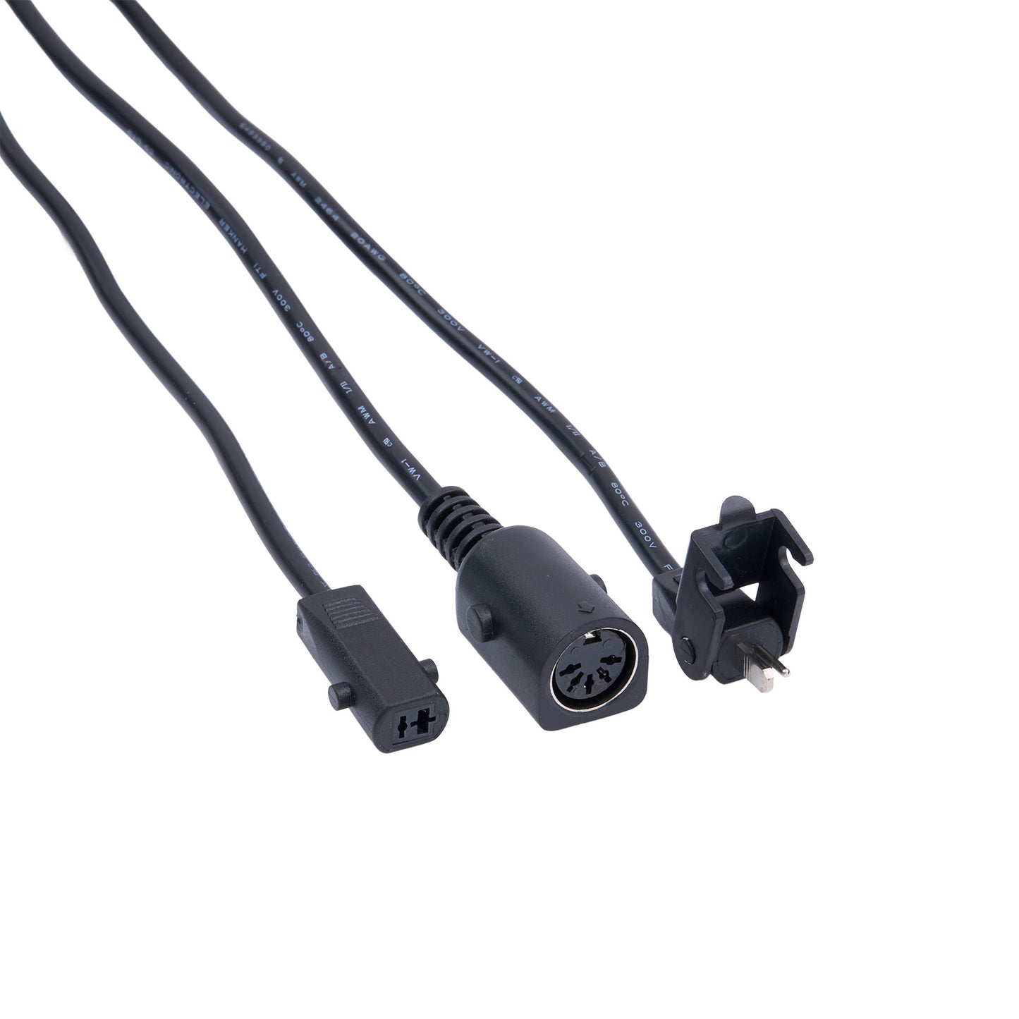 Three black electrical connectors on a white background