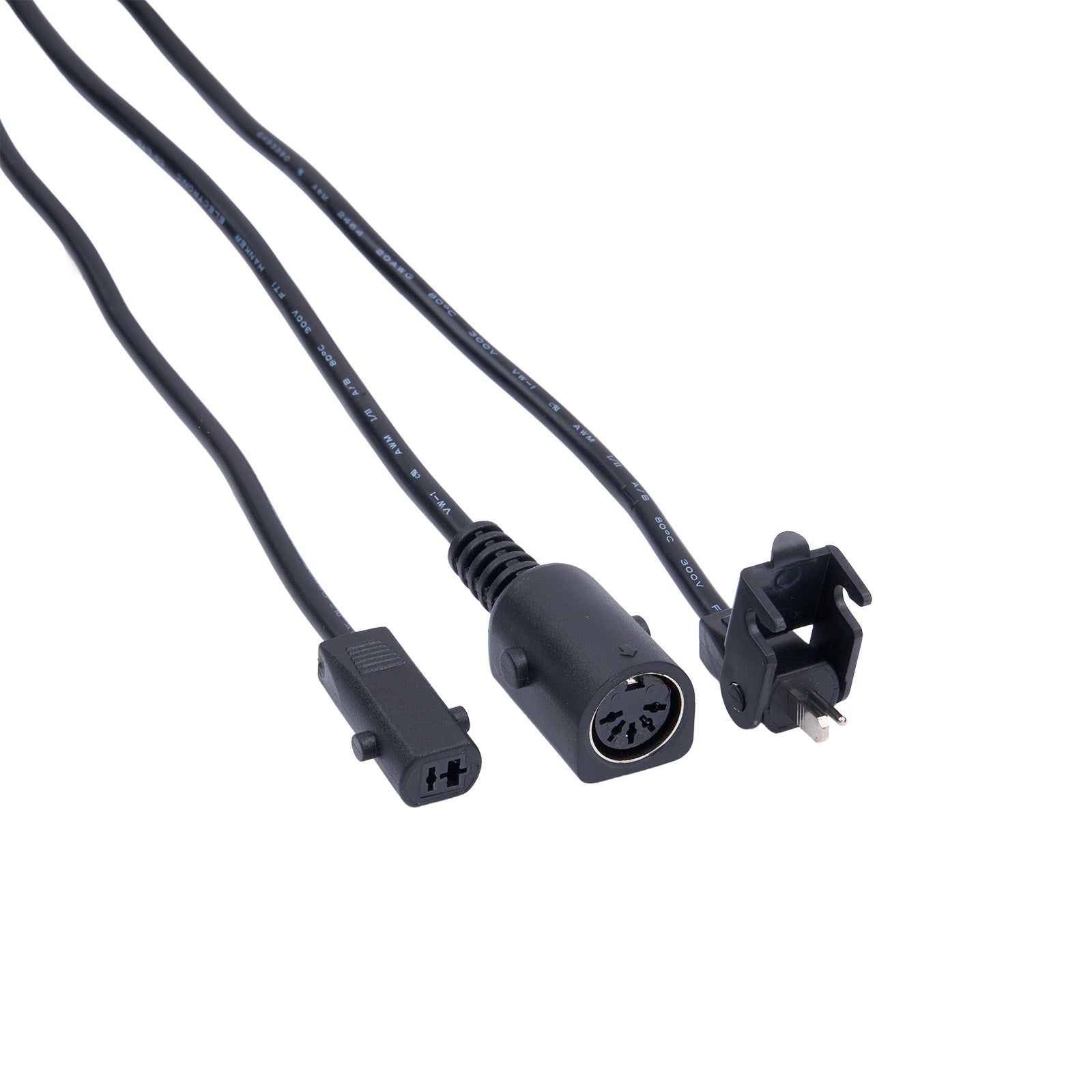 Three black electrical connectors on a white background