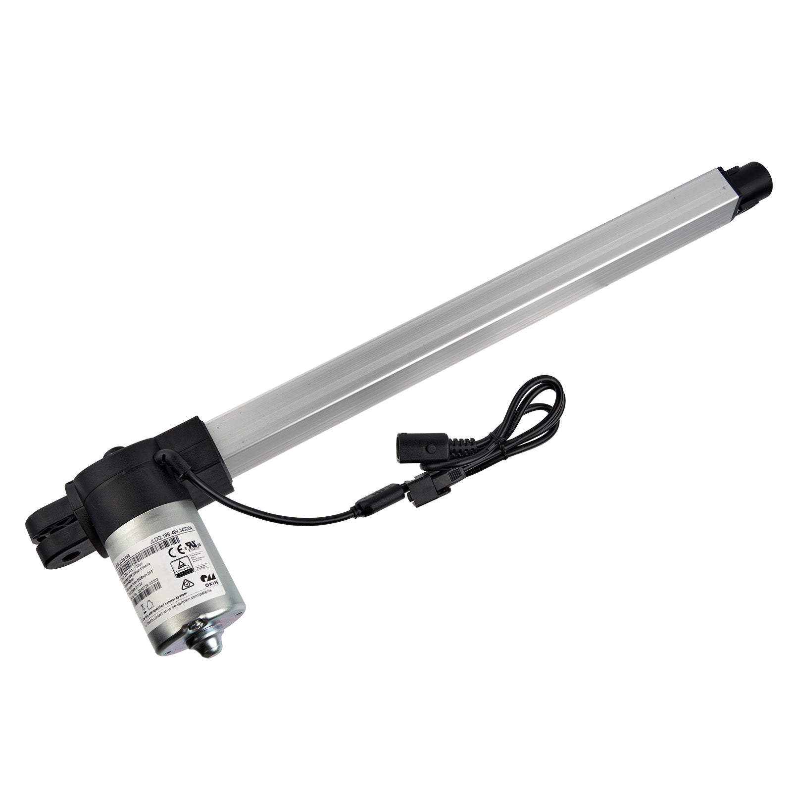 A silver-colored OKIN linear actuator for recliner/lift chairs with two cables and plugs.