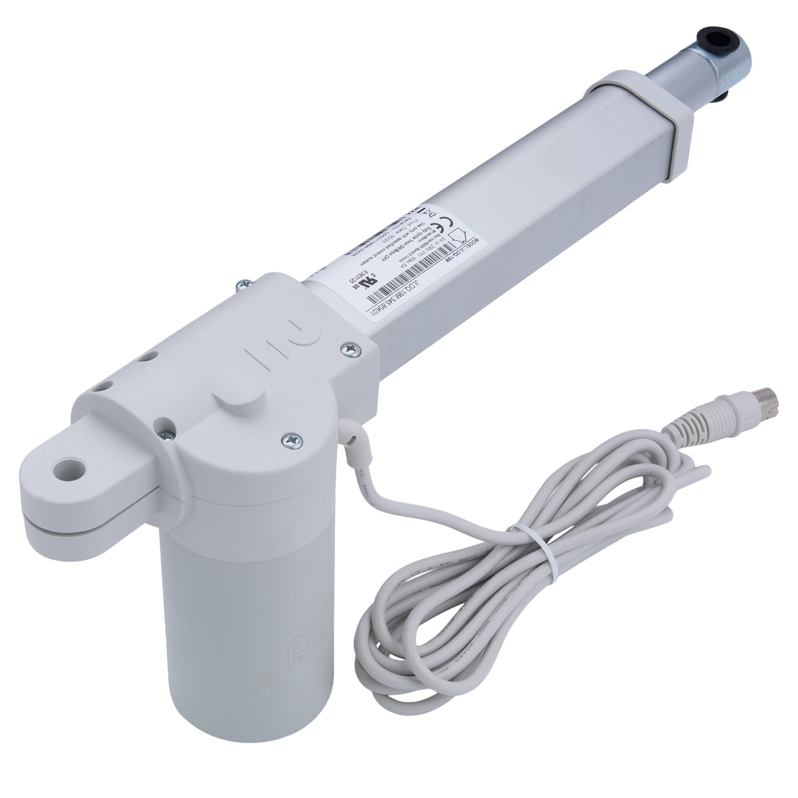 White linear actuator with cable on a white background