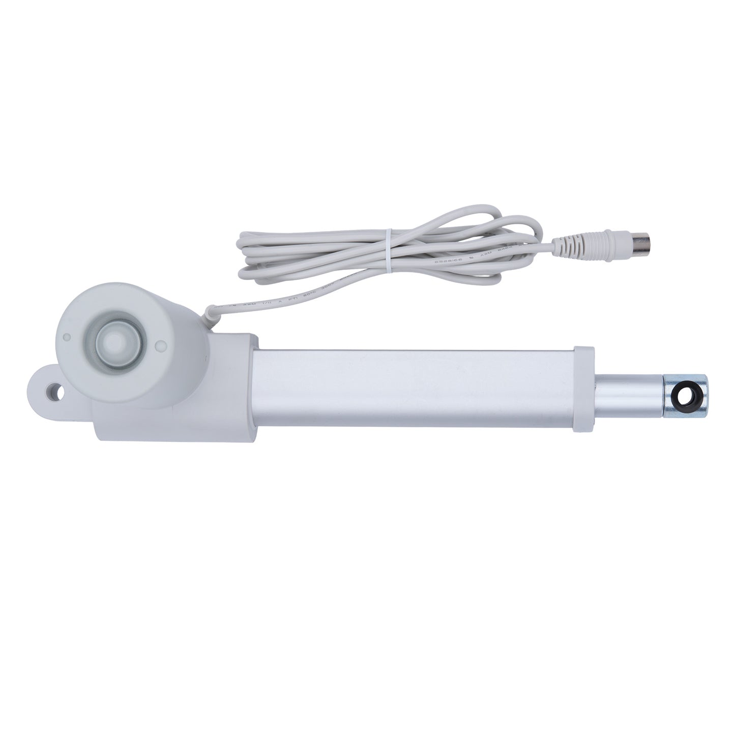 White linear actuator with cable on a white background