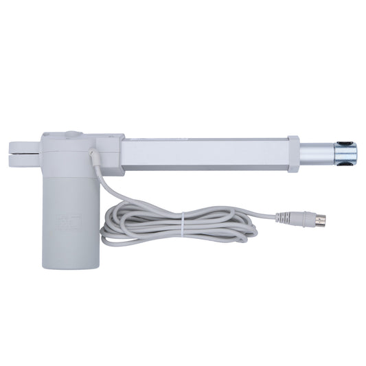 White linear actuator with cable on a white background