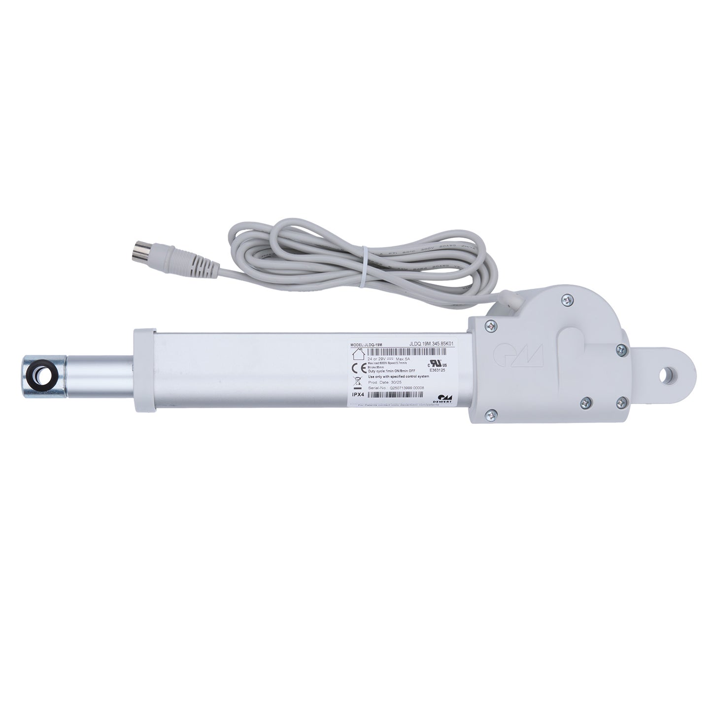 White linear actuator with cable on a white background
