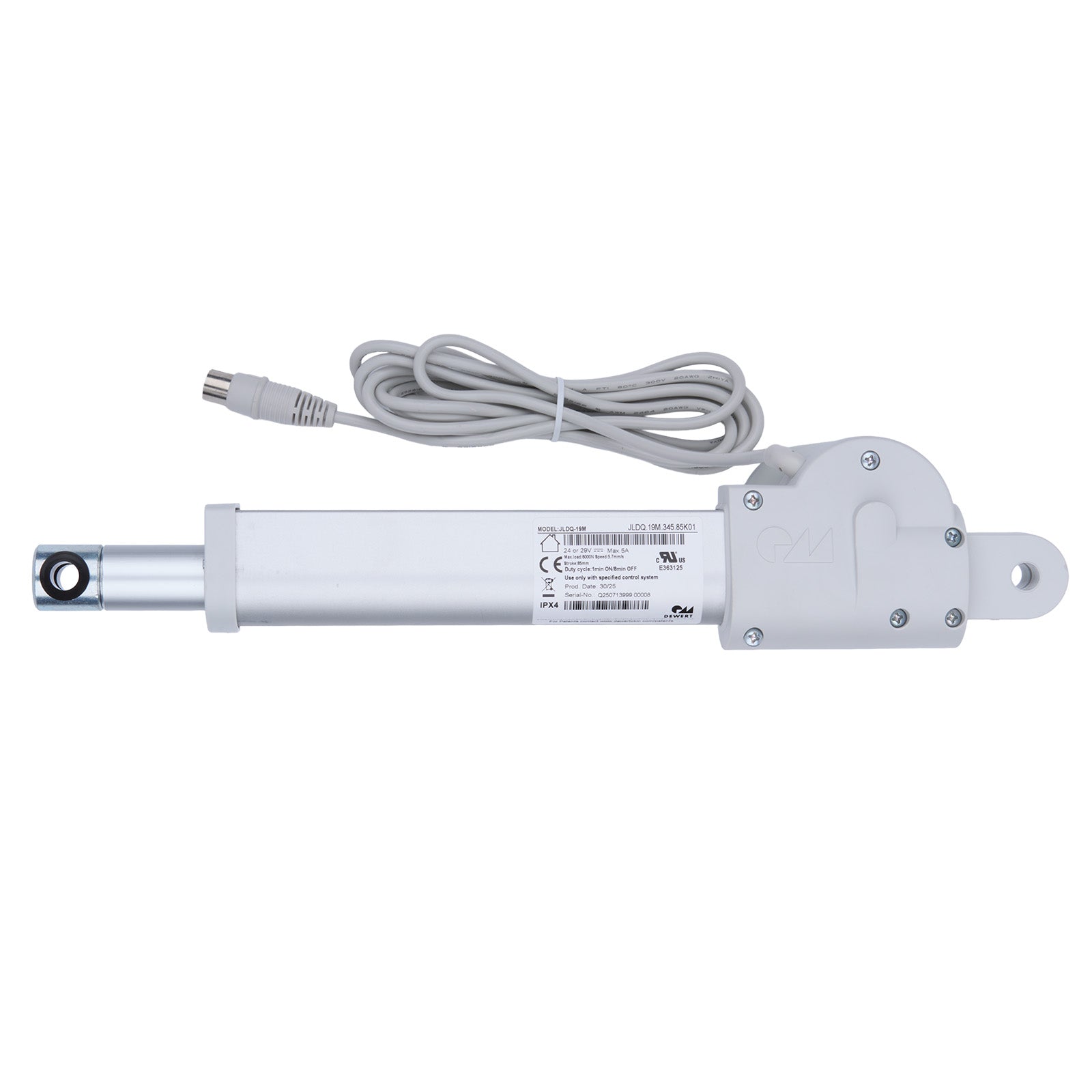 White linear actuator with cable on a white background