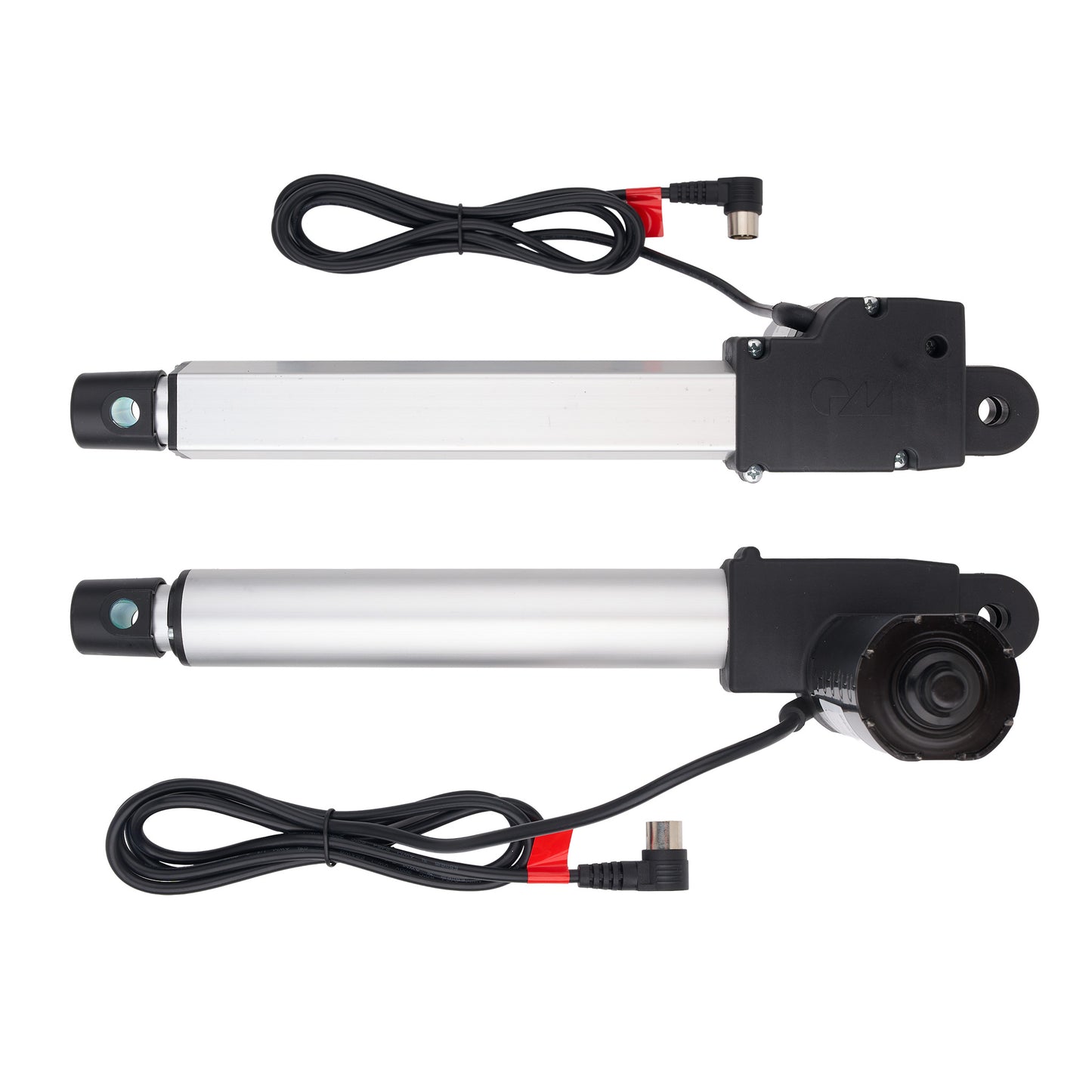 Two silver and black linear electric actuators with attached black power cables, displayed on a clean white background.
