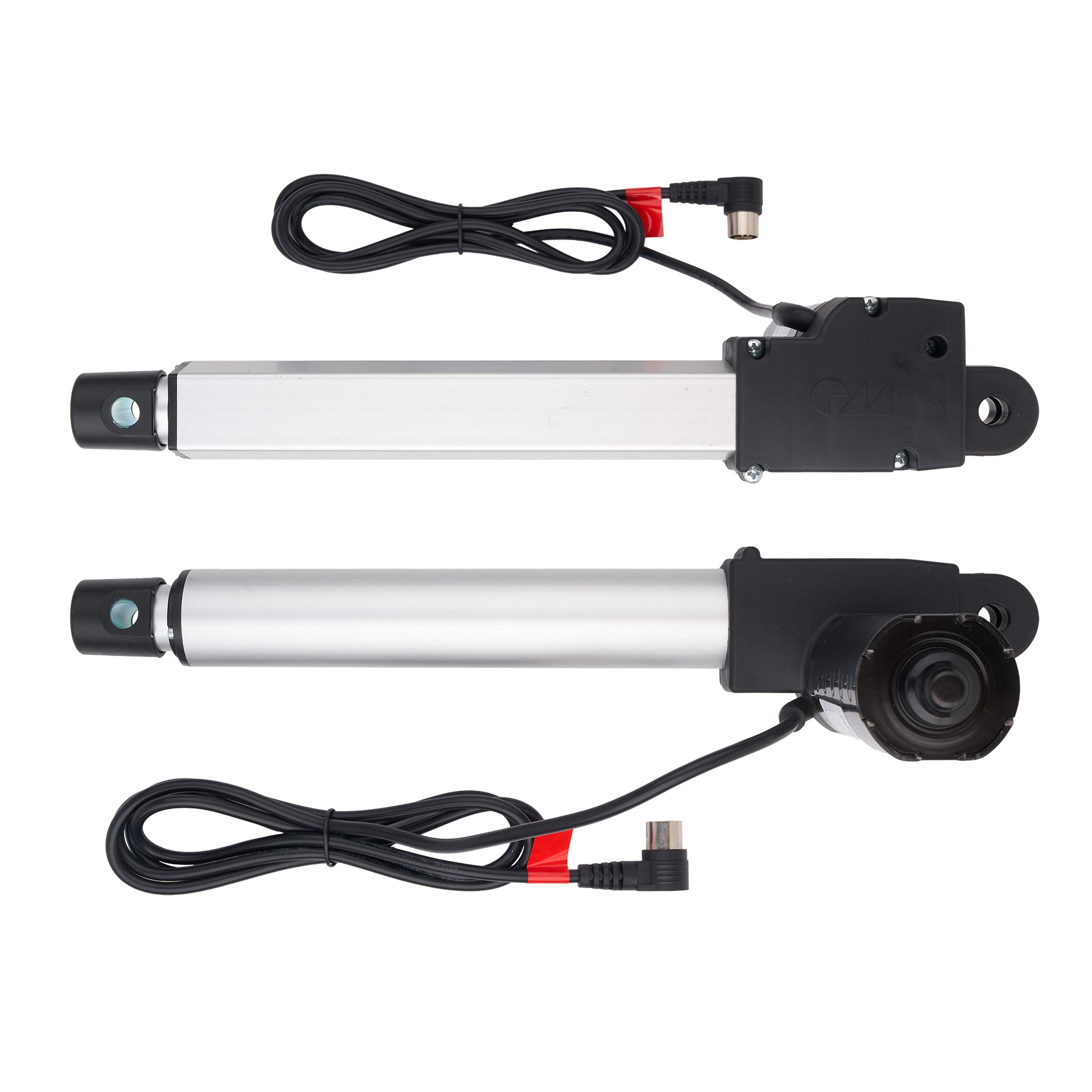Two silver and black linear electric actuators with attached black power cables, displayed on a clean white background.