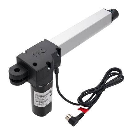 An electronic linear motor or actuator with a long silver cylindrical rod, a black motor housing, and an attached black power cable with red and black connectors, shown on a plain white background.