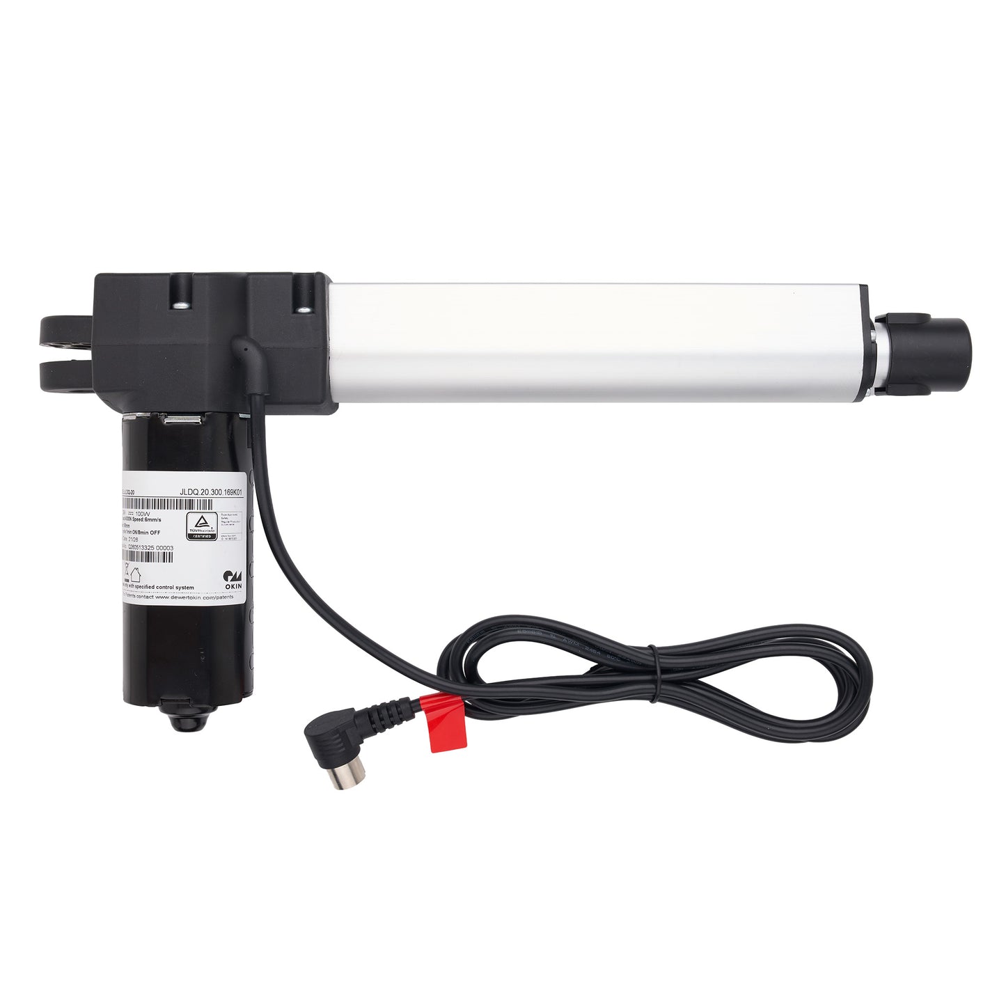 A linear electric actuator with a long white cylindrical rod, black end caps, a black motor housing with a white label, and a coiled black power cable with a red terminal connector, shown on a plain white background.