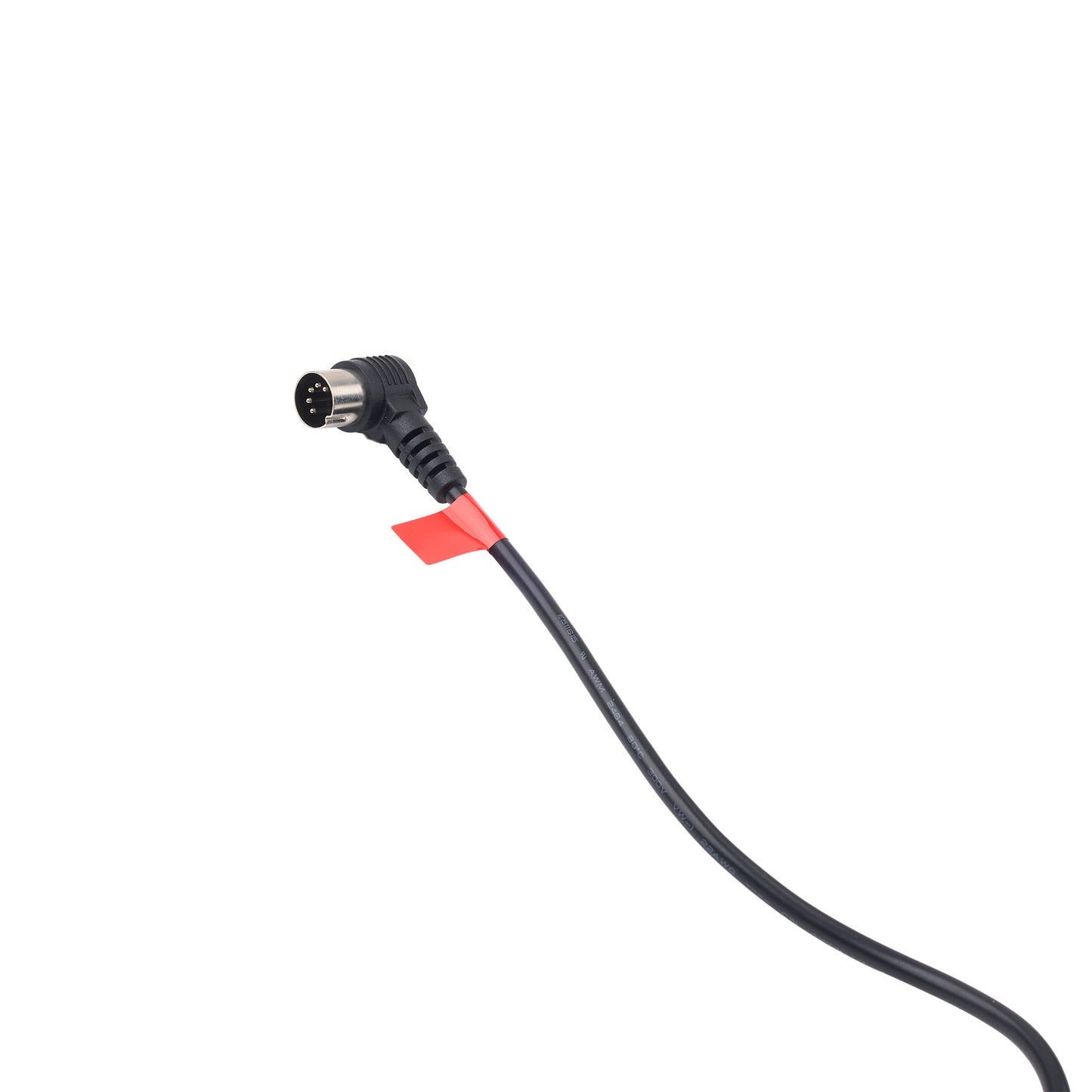A black electrical cable with a right-angle male connector, featuring a small red protective tape wrap near the base of the plug, shown on a plain white background.