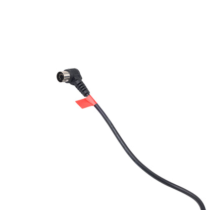 A black electrical cable with a right-angle male connector, featuring a small red protective tape wrap near the base of the plug, shown on a plain white background.