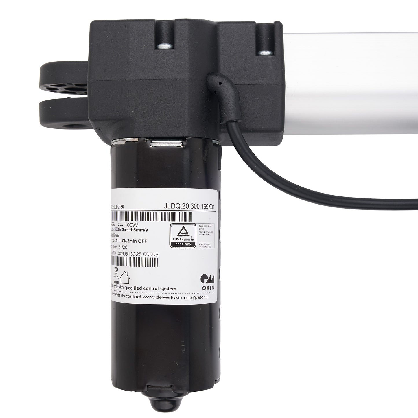 A close-up of a black cylindrical pump or filter component with a white label, attached to a black mounting bracket and a white horizontal tube, on a white background.