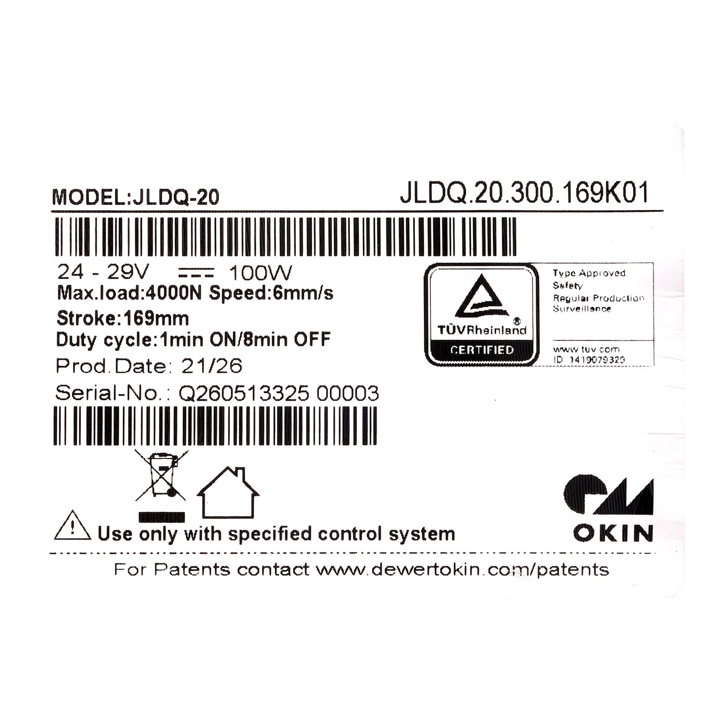 Technical specification label for an Okin JLDQ-20 motor, showing model number JLDQ-20, voltage 24-29V, 100W, and a TÜV Rheinland certification mark on a white background.