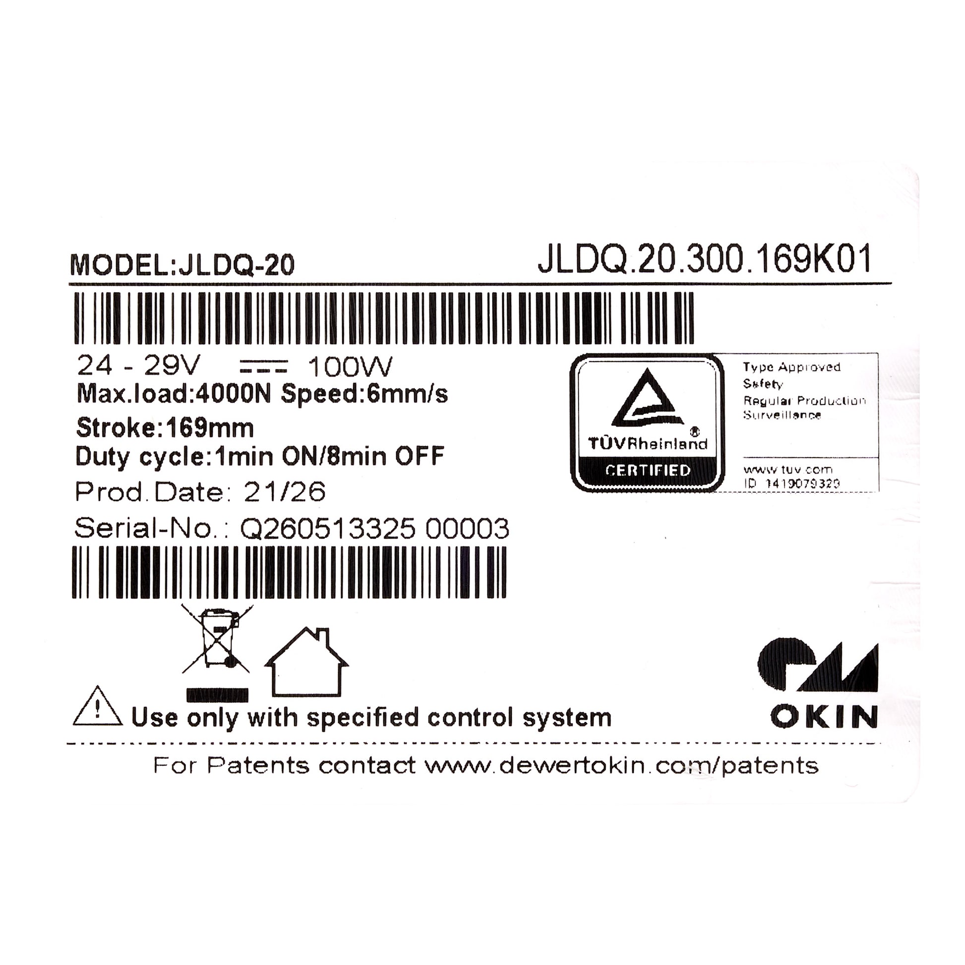 Technical specification label for an Okin JLDQ-20 motor, showing model number JLDQ-20, voltage 24-29V, 100W, and a TÜV Rheinland certification mark on a white background.