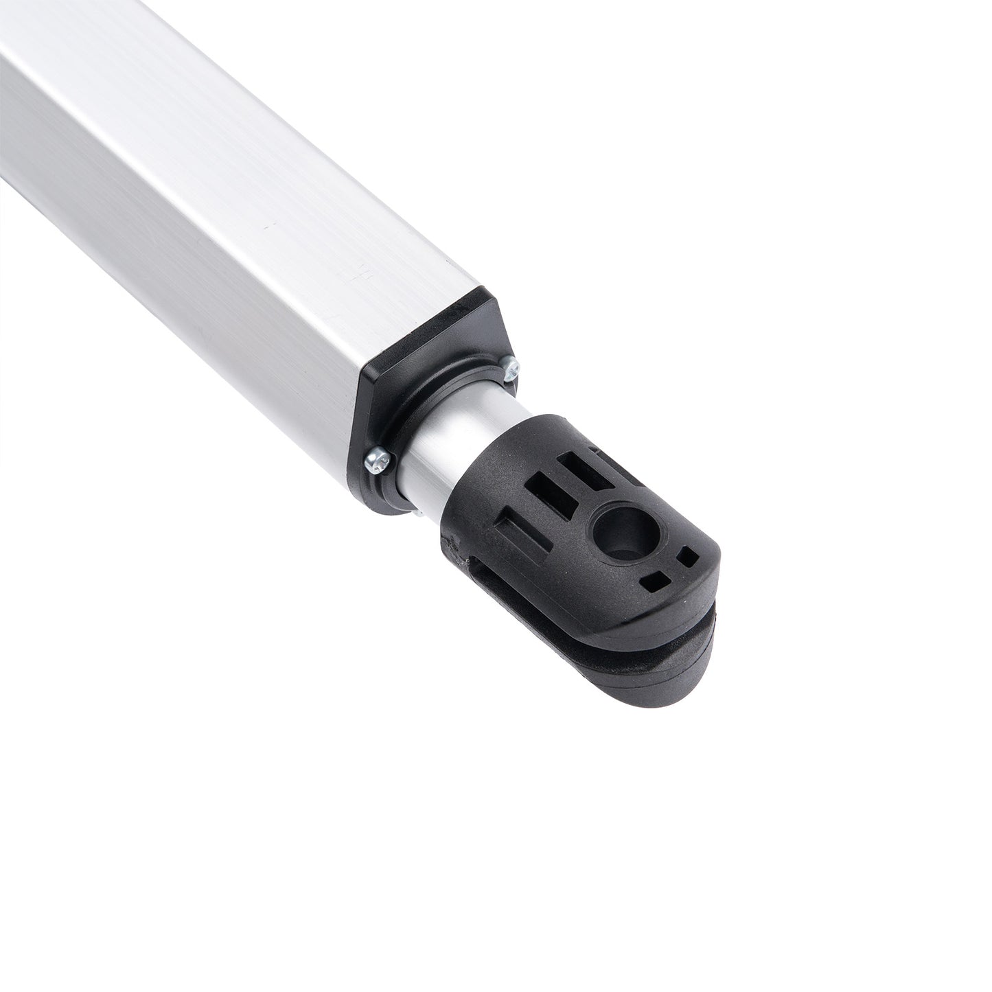 Close-up of a white metal rod with a black connector on a white background