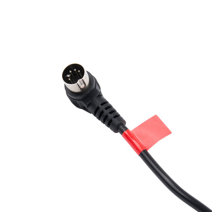 Black connector with red flag on a white background