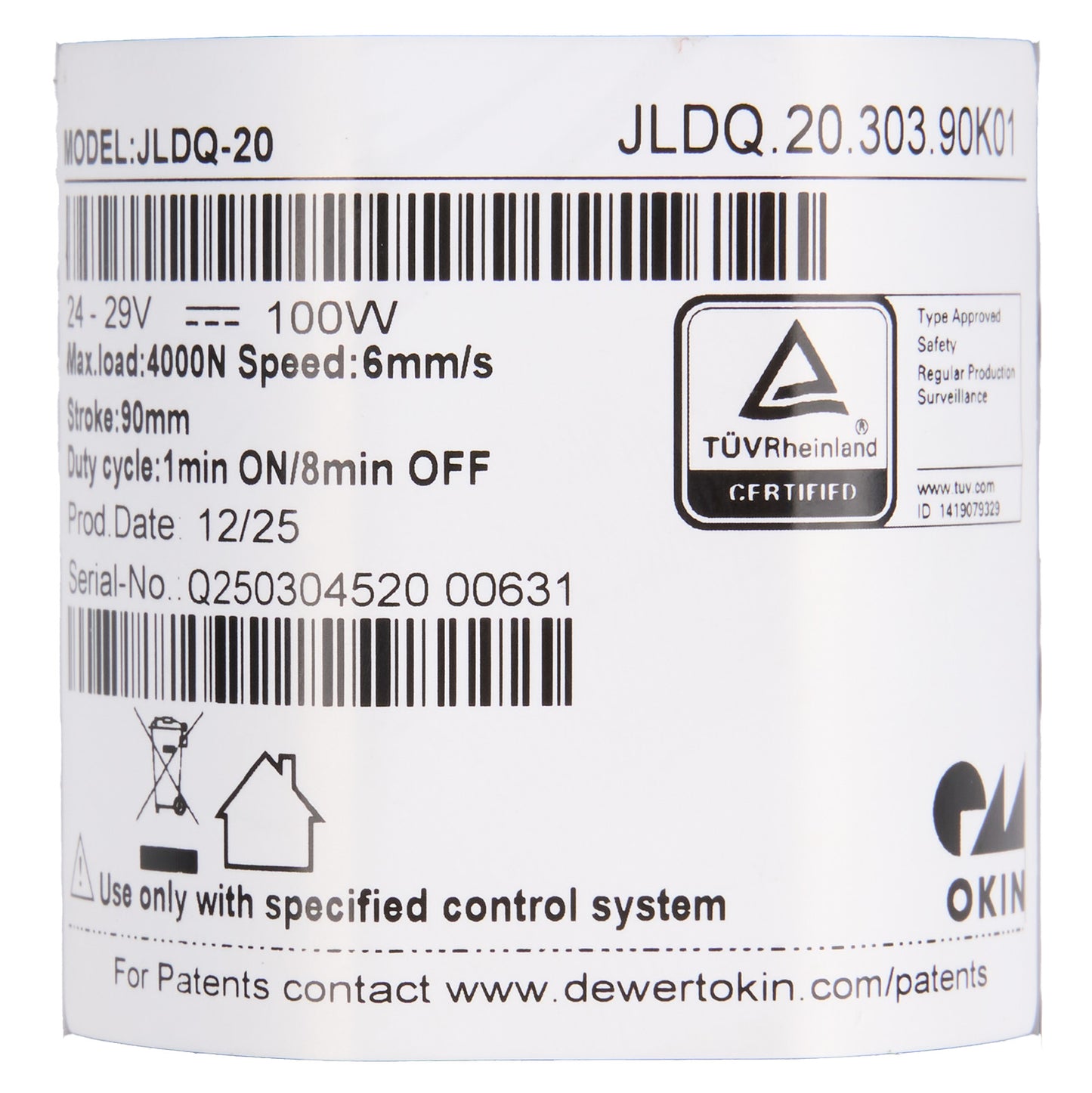 Product label with technical specifications and certification logos on a white background