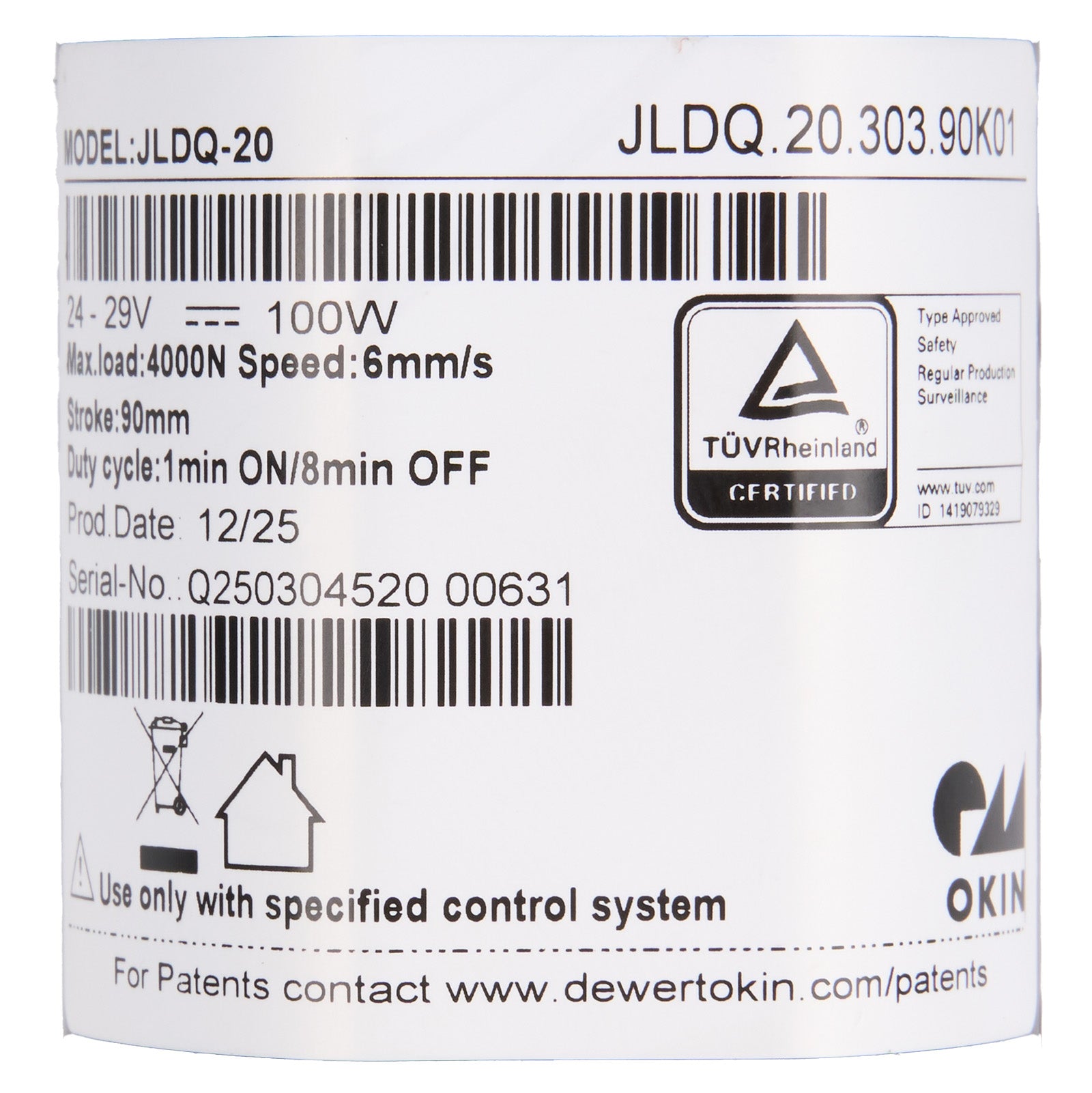 Product label with technical specifications and certification logos on a white background