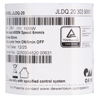 Product label with technical specifications and certification logos on a white background