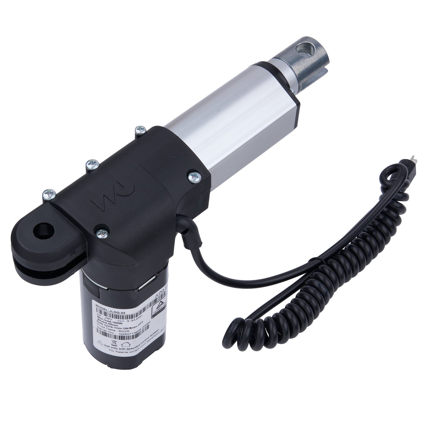 Electric actuator with coiled cable on a white background