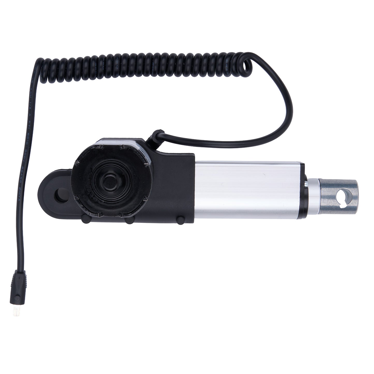 Motorized actuator with coiled cable on a white background