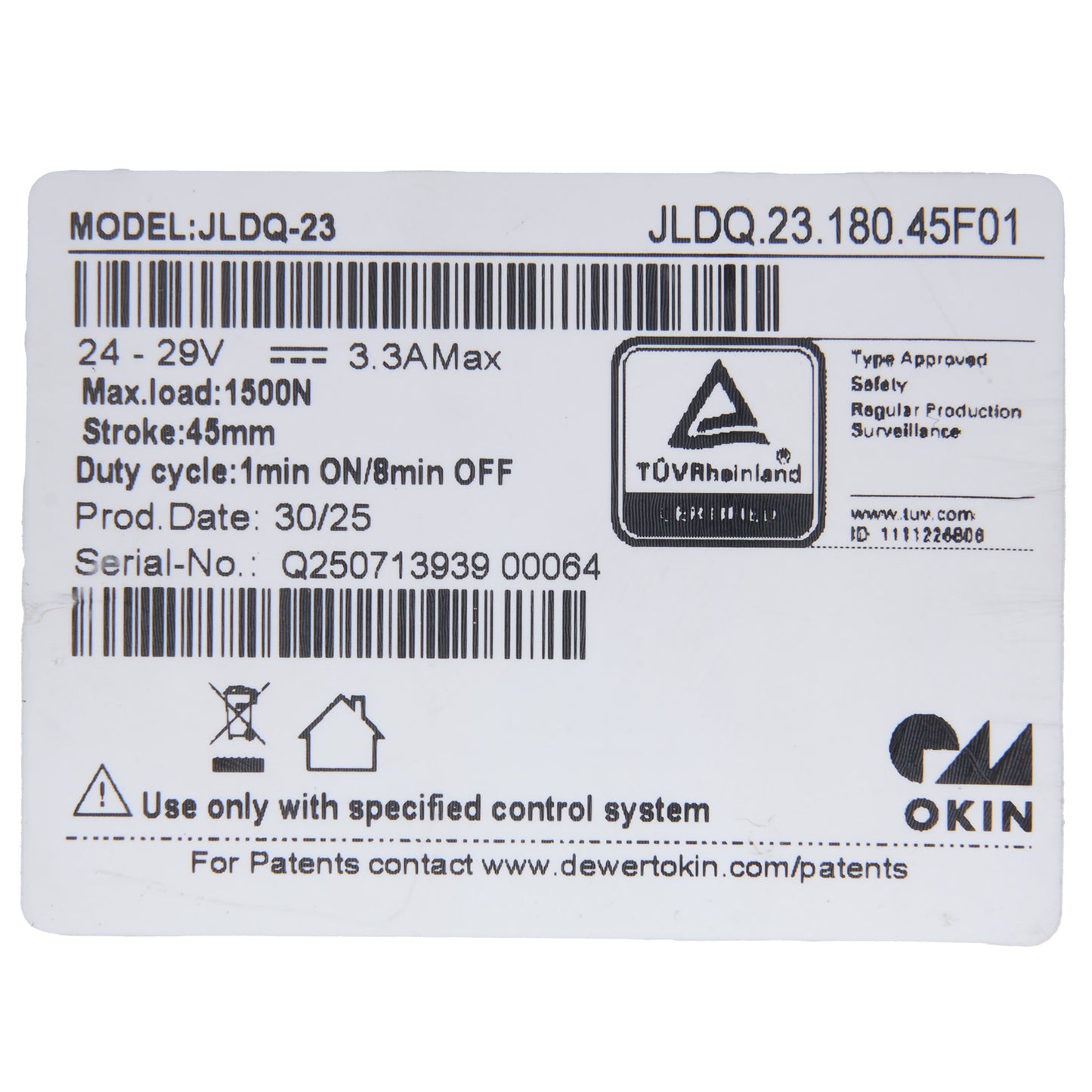 Product label with technical specifications and branding on a white background